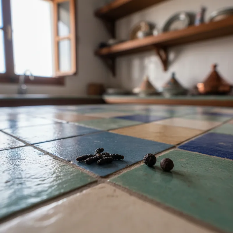 Crottes de cafards noires ressemblant à du poivre moulu sur plan de travail