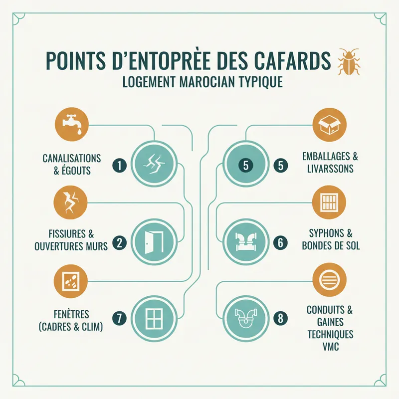 Infographie des points d'entrée des cafards dans une maison