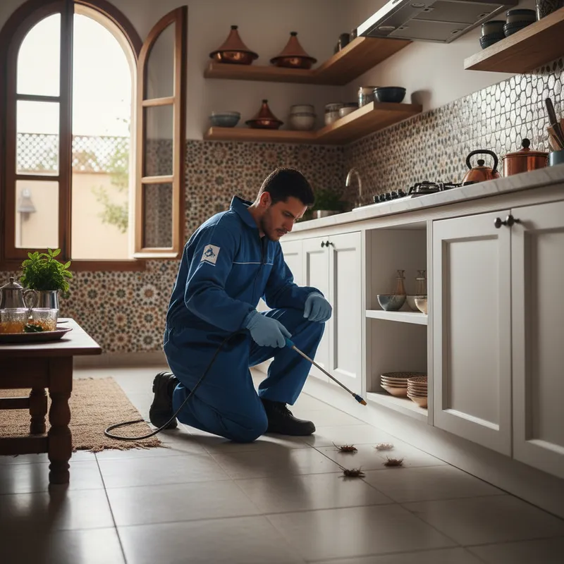 Technicien traitant cafards dans cuisine propre Intervention professionnelle désinsectisation