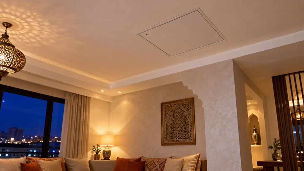 Faux plafond et trappe de visite dans un salon marocain éclairé doucement la nuit.