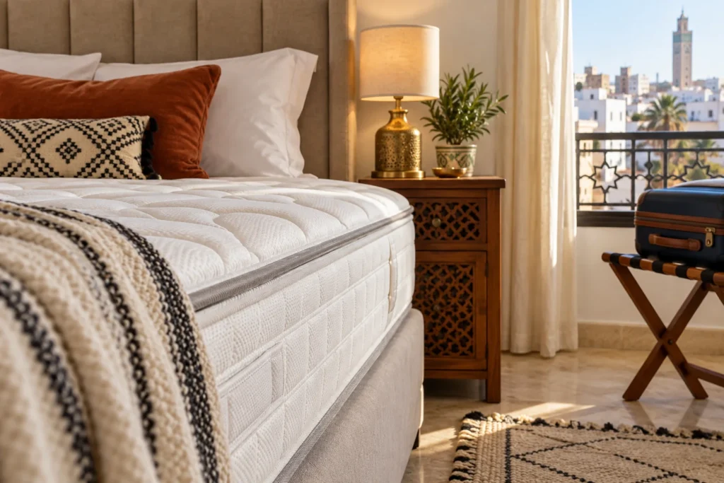 Chambre marocaine avec matelas, tête de lit et valise posée sur un porte-bagages.