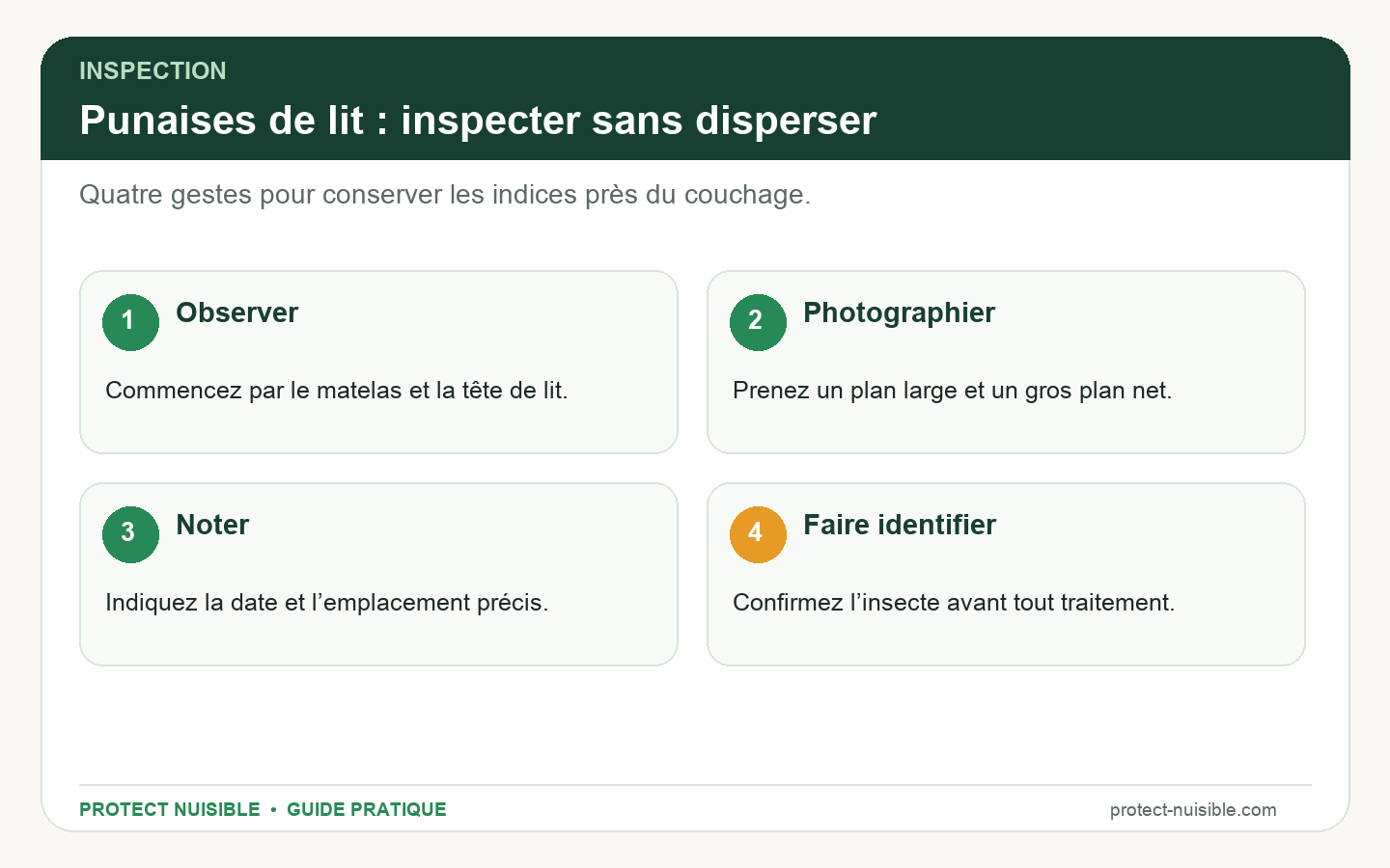 Infographie des quatre étapes d’inspection d’une chambre : observer, photographier, noter, faire identifier.