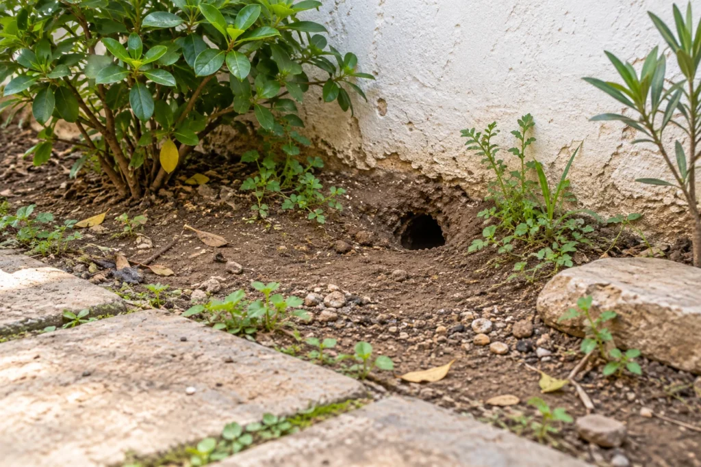 Ouverture dans la terre au pied du mur d’un jardin marocain.
